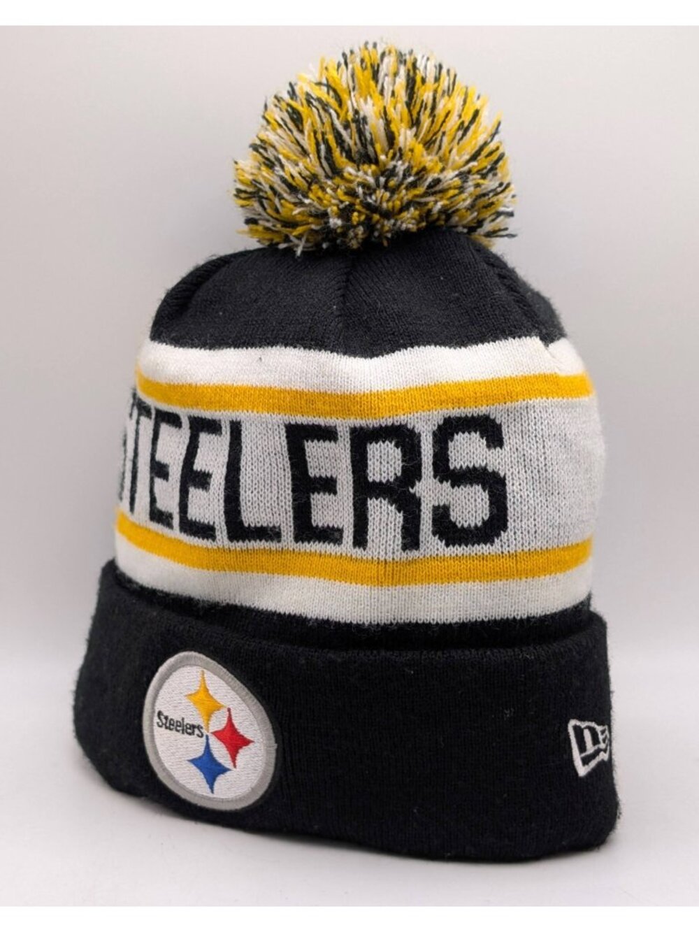 New Era NFL Pittsburgh Steelers Pom Toboggan Beanie OS Black/Yellow/White Stripe